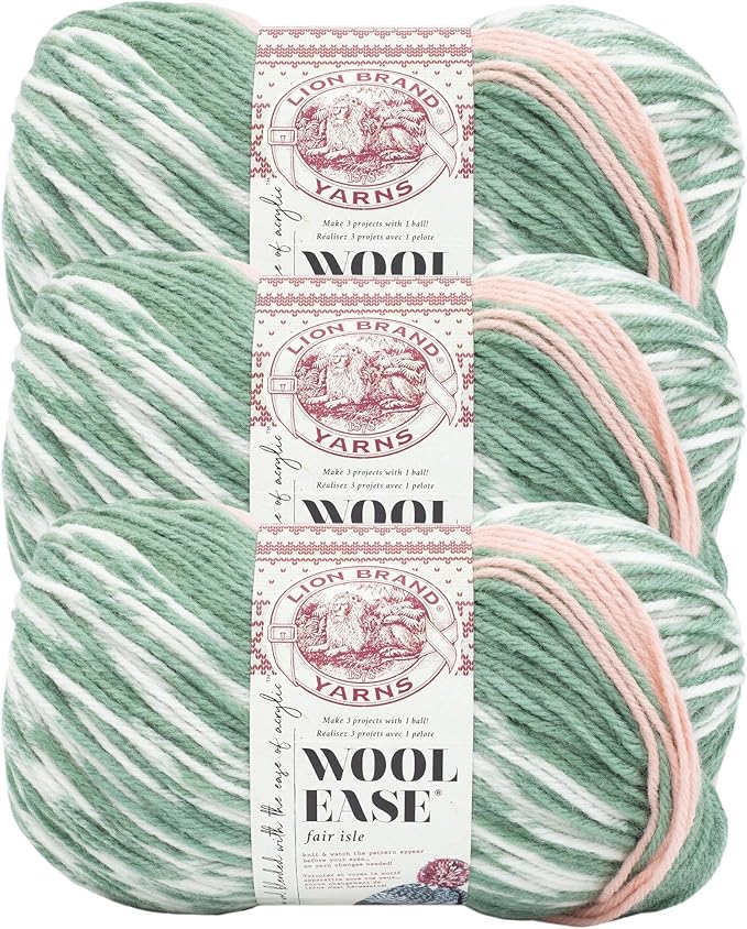 Lion Brand Yarn Wool Ease Fair Isle, Yarn for Knitting, Sage/Pink Salt, 3 Pack