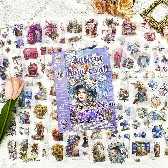 Aesthetic Washi Sticker Book,426pcs Scrapbook Stickers for Adults Pre-Cut Bullet Journal Stickers for Scrapbooking Supplies Vintage Ladies Flowers Sticker for Journaling Ephemera for Junk Journals