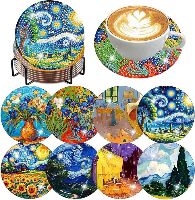 8 Pcs Diamond Art Coasters Kit with Holder, DIY Famous-Painting Diamond Painting Coasters for Beginners Adults, Non Slip Diamond Art Kits Craft Supplies 4x4inch