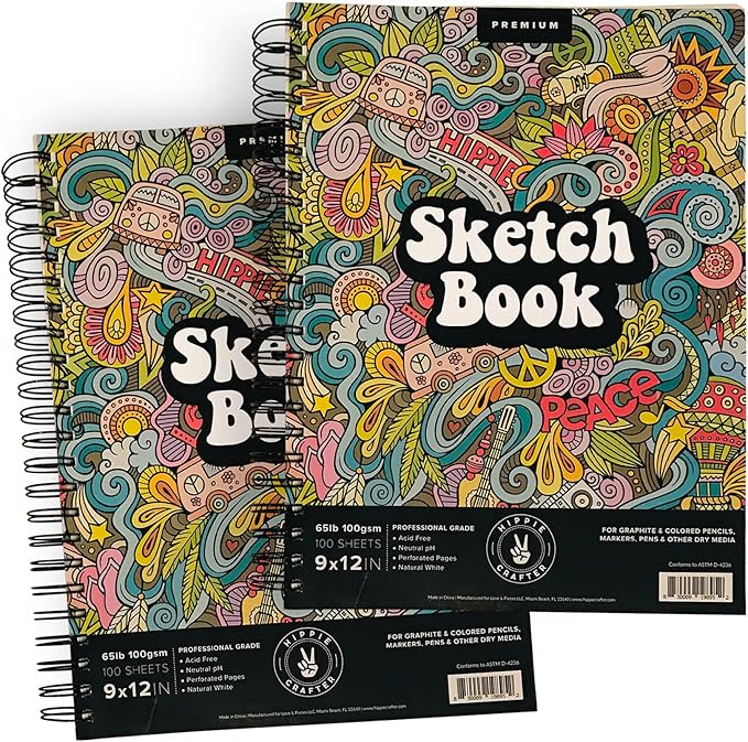 hippie crafter marker sketch book - 2 pack 9 x 12 inches spiral-bound sketchpad, 100 sheets, 65lb paper for drawing & markers, ideal for adults, artists