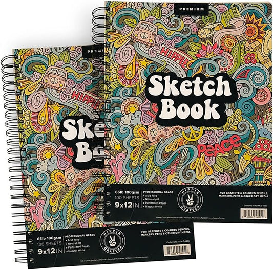 hippie crafter marker sketch book - 2 pack 9 x 12 inches spiral-bound sketchpad, 100 sheets, 65lb paper for drawing & markers, ideal for adults, artists