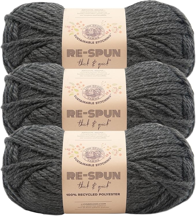Lion Brand Yarn, Re-Spun Thick & Quick Super Bulky Yarn for Knitting, Crochet, and Crafts, Raven, 3 Pack, Soft Fiber for Chunky Blankets, Bulky Throws, and Cozy Sweaters
