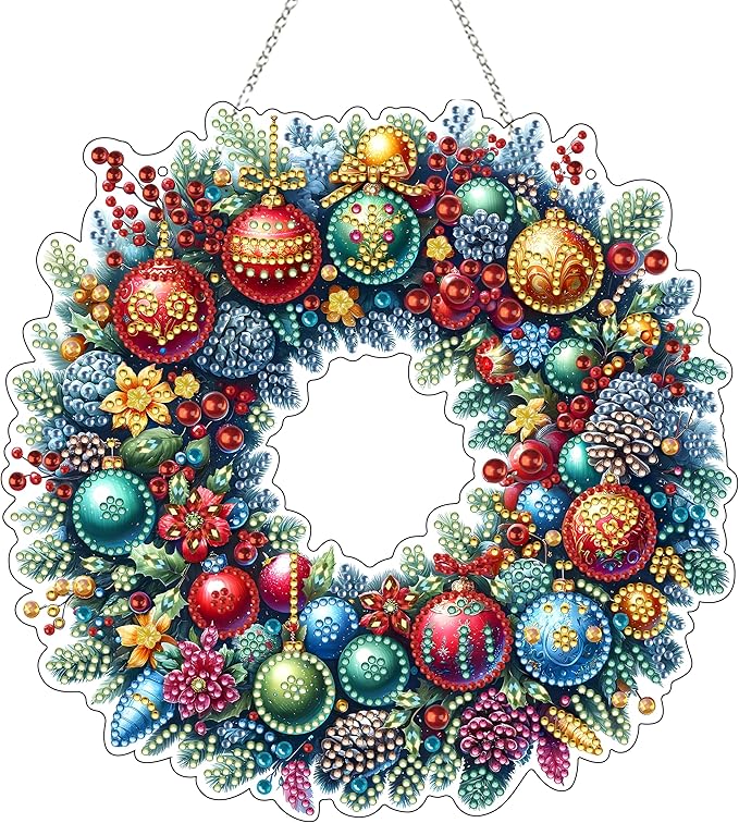 JJFox Diamond Art Hanging Kit for Adult,Special Shaped Rhinestone,Double Sided DIY Acrylic Diamond Art Painting Window Pendants Home Garden Wall Hanging Kits Hanging Ornament (Christmas wreath2)