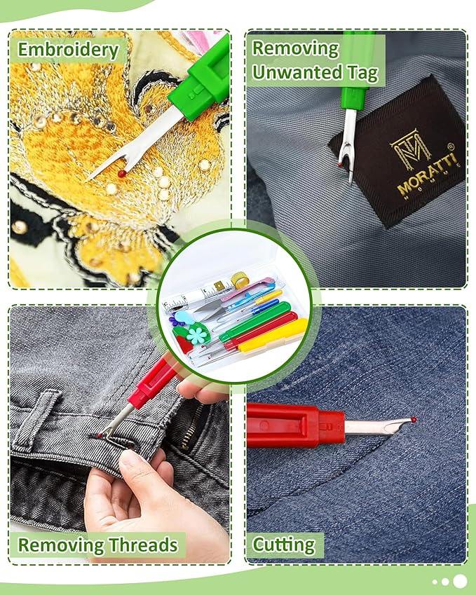 FIVEIZERO Seam Rippers for Sewing – 2 Big and 2 Small Stitch Remover Tools, Thread Ripper, Embroidery Removal Tool, with Needle Threaders, Thimbles, Tape Measure, Tailors Awl and Thread Snips