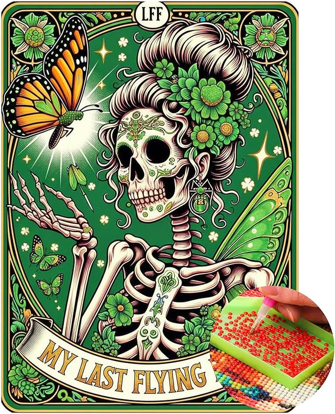 KUFWKEY Skull Diamond Art Kits for Adults,Skeleton Tarot Diamond Painting Kits for Beginners,5D DIY Full Drill Round Diamond Dots,Mosaic Gem Art Crafts for Wall Decor,St Patrick Gift,12X16 inch