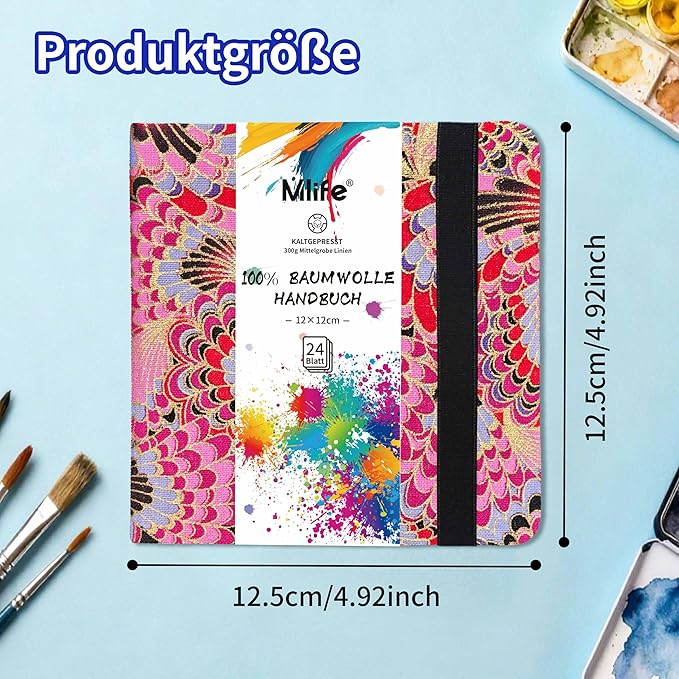 Mlife Square Watercolor Sketchbook,100% Cotton,300gsm/140lb,Acid-Free,Watercolor Journal for Artists Adults Students,4.7 * 4.7 Inches(Red Feather)