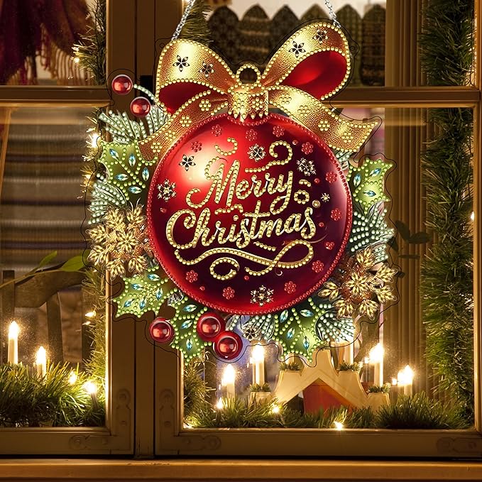 DIY Diamond Art Painting Wreath Kits，Special Shaped Rhinestone Hanging Ornament Diamond Art Window Pendants for Gift Home Garden Wall Hanging Kits,Double Sided (Merry Christmas)