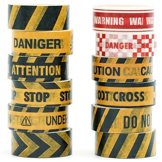12 Rolls Warning Washi Tape Set Hazard & Caution Pattern Adhesive Tapes Police Line & Industrial Style Decorative Masking Tape for Craft, Scrapbook, DIY, Gift Wrapping (Industrial Caution)