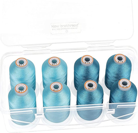 New brothread - 20 Options - 8 Snap Spools of 1000m Each Polyester Embroidery Machine Thread with Clear Plastic Storage Box for Embroidery & Quilting - 4xLight Blue+4xSky Blue