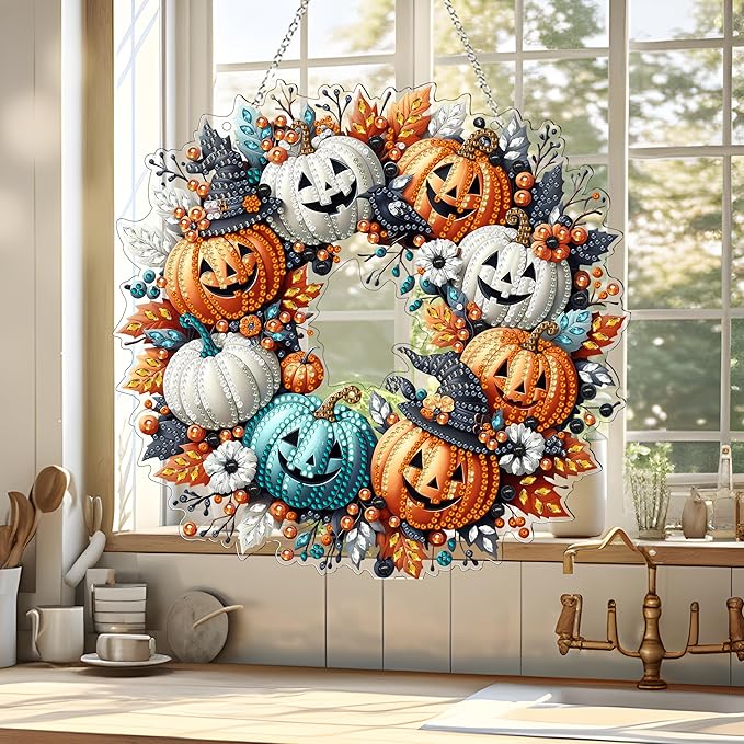 JJFox Diamond Art Hanging Kit for Adult,Special Shaped Rhinestone,Double Sided 5D DIY Acrylic Diamond Art Painting Window Pendants Home Garden Wall Hanging Kits Hanging Ornament (Halloween Pumpkin)
