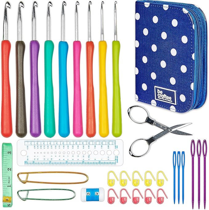 BeCraftee Crochet Hooks Kit - 31 Piece Set with 9 Ergonomic Hook Sizes, 6 Yarn Needles, Additional Knitting & Crochet Supplies and Carrying Case﻿