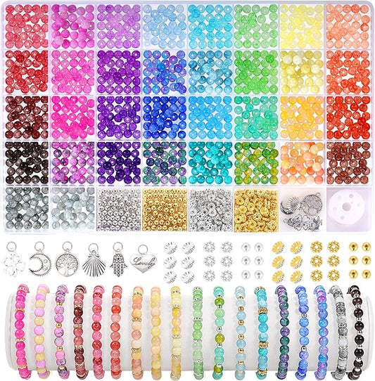 6mm glass beads for jewelry making, 1396pcs ink patterns crystal beads for bracelets, funtopia 34 colors round glass beads kits for necklace diy earrings crafts with spacer beads and charms