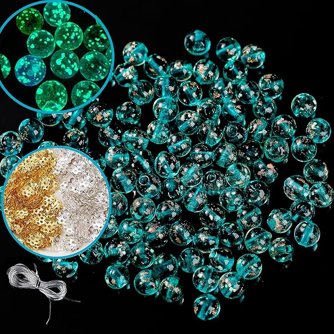 200 PCS 8mm Glow in The Dark Beads Bulk Round Luminous Glass Beads with Holes for Jewelry Making Bracelets Earrings Necklace Glow Loose Spacer Ball Beads