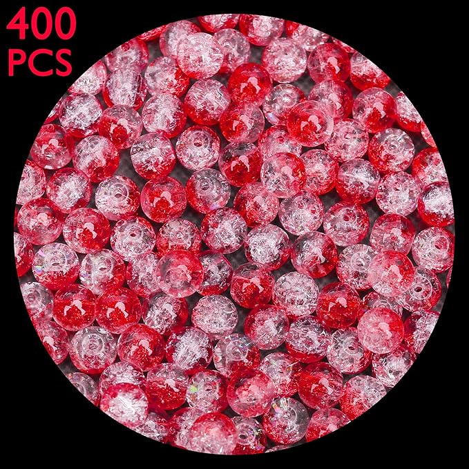 400PCs 4mm Red Crackle Glass Beads Bulk, Round Smooth Hole Glass Crystal Beads for Jewelry Making, DIY Bracelets, Necklaces, Bag Charms, Keychains and Craft Projects