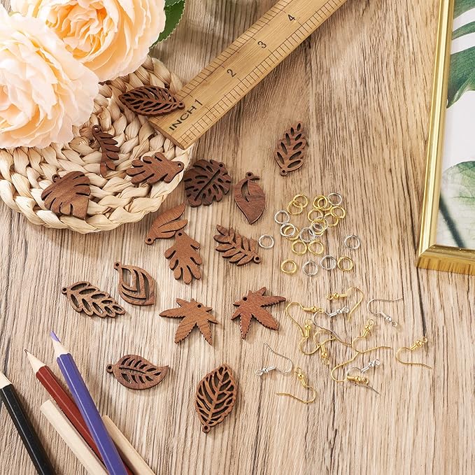 Cheriswelry Wood Leaf Earring Natural Wooden Dangle Earrings Making Kit Coconut Brown Wood Leaf Charms Brass Earring Hooks Jump Rings for Women Jewelry Decoration 25-36mm (144Pcs/Box)