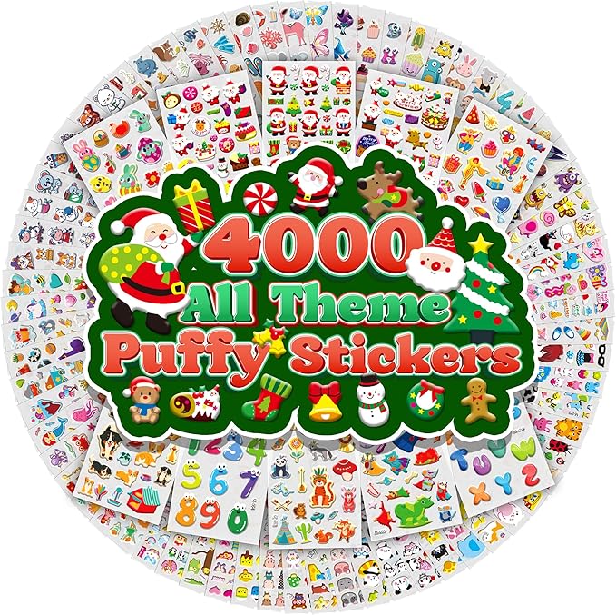 puffy stickers for kids toddlers,christmas 3d sticker variety pack, 4000+ unique cute christmas sticker,80 different sheets kid-stickers bulk, mini party favor for girls boy gifts,teachers reward gift