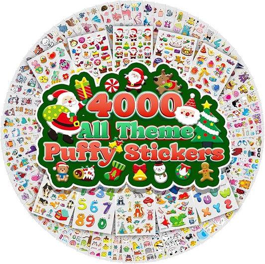 puffy stickers for kids toddlers,christmas 3d sticker variety pack, 4000+ unique cute christmas sticker,80 different sheets kid-stickers bulk, mini party favor for girls boy gifts,teachers reward gift