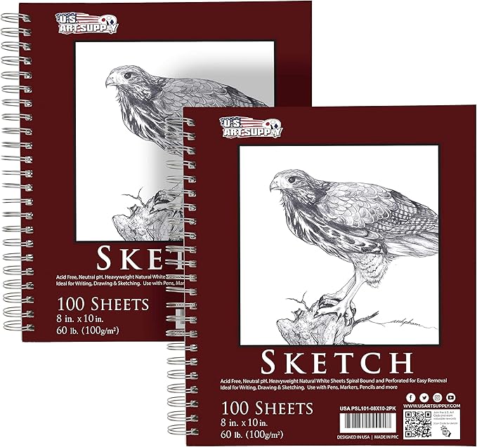 u.s. art supply 8"x10" sketch book pad, 2 pack (100 sheets each), 60lb (100gsm) spiral bound - sketching, drawing pad, acid-free paper - sketch pads for adults, students: colored pencils, charcoal