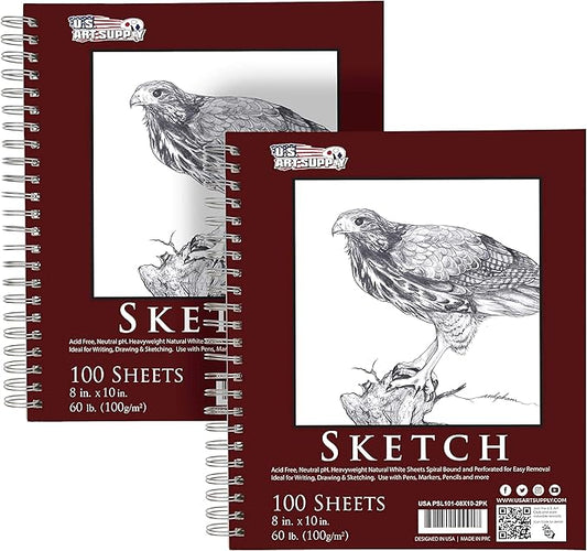 u.s. art supply 8"x10" sketch book pad, 2 pack (100 sheets each), 60lb (100gsm) spiral bound - sketching, drawing pad, acid-free paper - sketch pads for adults, students: colored pencils, charcoal