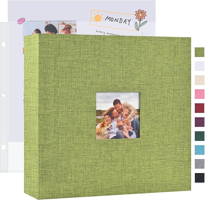 Mublalbum 12x12 Inch DIY Scrapbook Photo Album with 40 Plastic Sleeves 80 Pages Linen Cover 3 Ring Folder Binder for Wedding Baby Family and DIY Projects (Green)