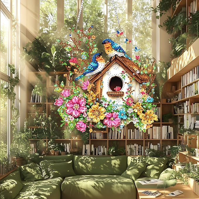 Lxmsja DIY Colorful Birdhouse Diamond Painting Hanging Ornament, Double-Sided Acrylic Flowers Branches Diamond Art Kit, Special Shaped Suncatcher Hanging Pendant Window Art Kit 8x7 inch