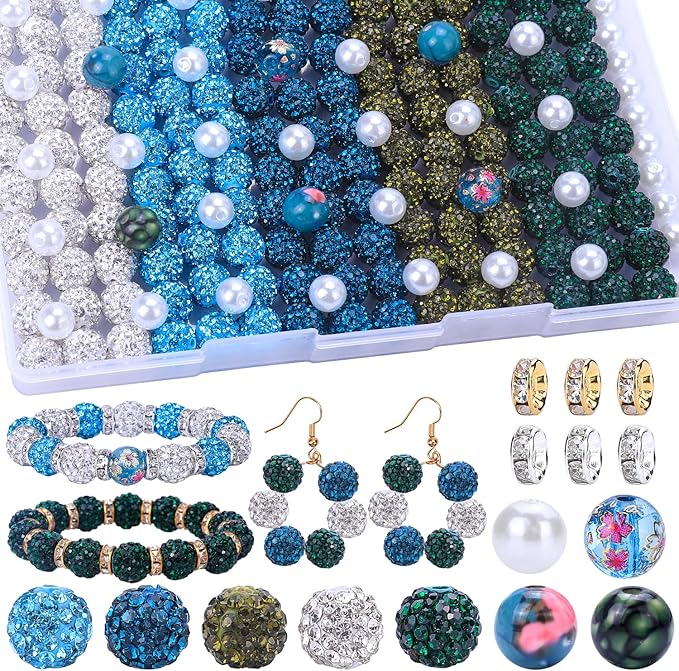 AIPRIDY Jewelry Making Beads Set, 300 PCS 10mm Rhinestone Clay Beads, 8mm Mixed Color Spacer Beads with Pearl and Floral Beads for DIY Jewelry Making (18# Mixed)