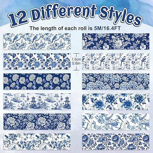 12 Rolls Blue Floral Washi Tape Chinoiserie Flower Bird Decorative Masking Tape Set Blue White Wrapping Paper Tape for Scrapbook Journal DIY Art Crafts