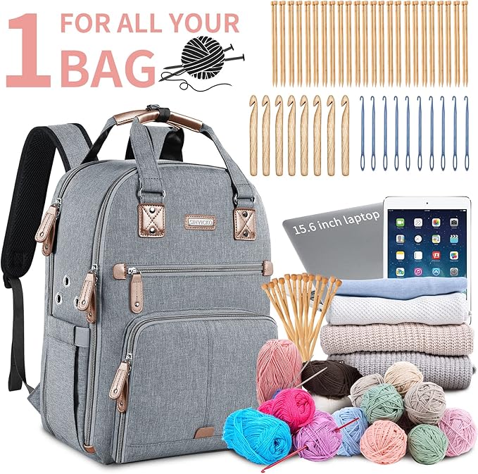 Crochet Bag, Knitting Bag Backpack and Totes Organizer with USB Charging Port, Large Yarn Storage Tote Bag