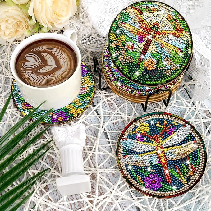 Dragonfly Diamond Art Coasters Kit, 8 Pcs Stained Glass Style Diamond Painting Coaster for Adults Beginners, Coaster Making Kits with Holder Cork Pads, DIY Project for Home Christmas Ornaments Gifts