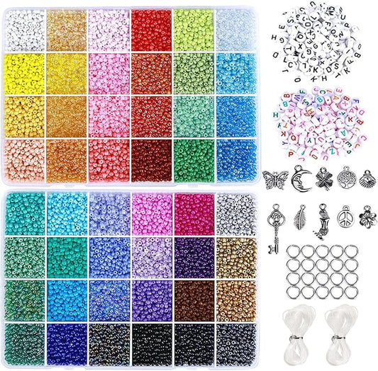 greentime 3mm bracelet beads kit for bracelets making, 35000pcs seed beads small glass beads 8/0 rainbow beads set with letter beads elastic string charms for crafts (48 colors)