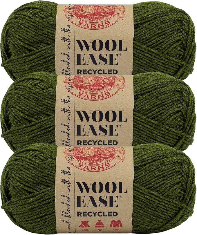 Lion Brand Yarn Wool-Ease Recycled Light Worsted-Weight Yarn for Knitting and Crochet, Olive, 3 Pack, Wool and Acrylic Blend Fiber Perfect for Scarves, Hats and Blankets, 196 Yards