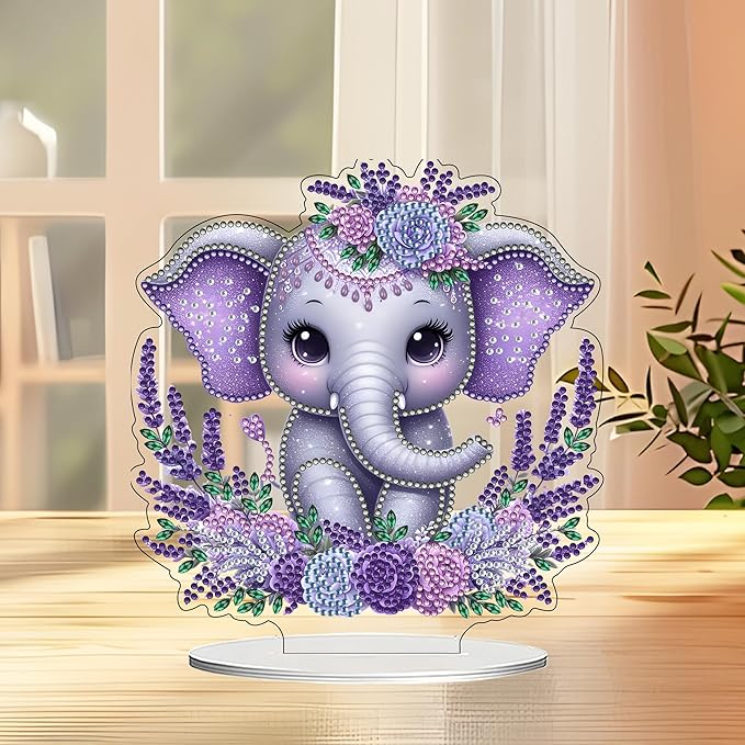 JJFox DIY Tabletop Diamond Art Painting Kit，Desktop Ornament Special Shaped Rhinestone Desk Placement Ornament，Home Stand Up Gem Painting Craft Kit Gift Double Sided (Elephant Calf)