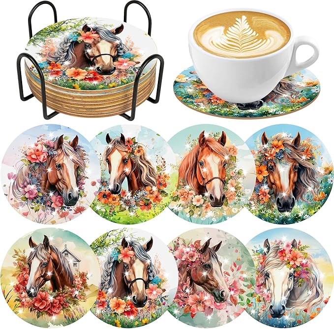 Horse Diamond Art Coasters Kits, 8 Pcs Diamond Painting Coaster with with Holder and Cork Pads, Horses DIY Crafts Gem Art Kit for Adults Beginners Home Decor Halloween Christmas Gifts