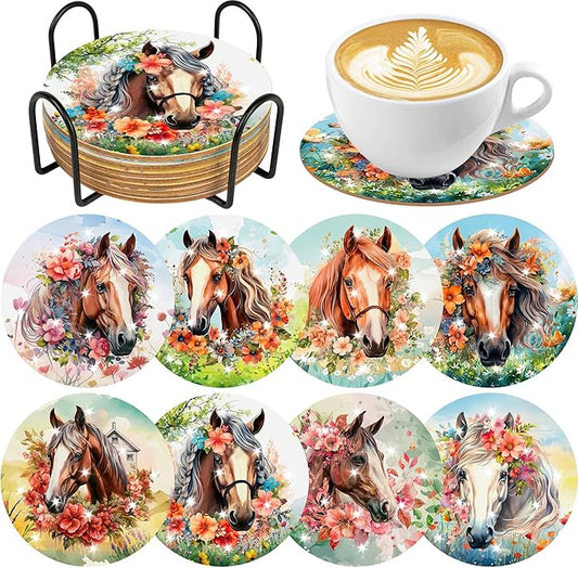 Horse Diamond Art Coasters Kits, 8 Pcs Diamond Painting Coaster with with Holder and Cork Pads, Horses DIY Crafts Gem Art Kit for Adults Beginners Home Decor Halloween Christmas Gifts