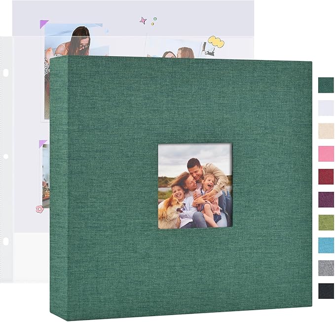 Mublalbum 10x10 Inch DIY Scrapbook Photo Album with 20 Plastic Sleeves 40 Pages Linen Cover 3 Ring Folder Binder for Wedding Baby Family and DIY Projects (Dark Green)
