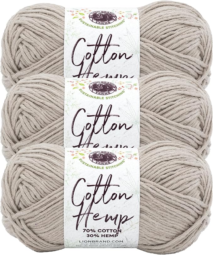 Lion Brand Yarn Cotton Hemp, Soft, Durable Yarn for Crochet and Knitting, 3 Pack, Mineral