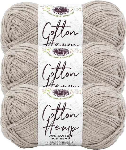 Lion Brand Yarn Cotton Hemp, Soft, Durable Yarn for Crochet and Knitting, 3 Pack, Mineral
