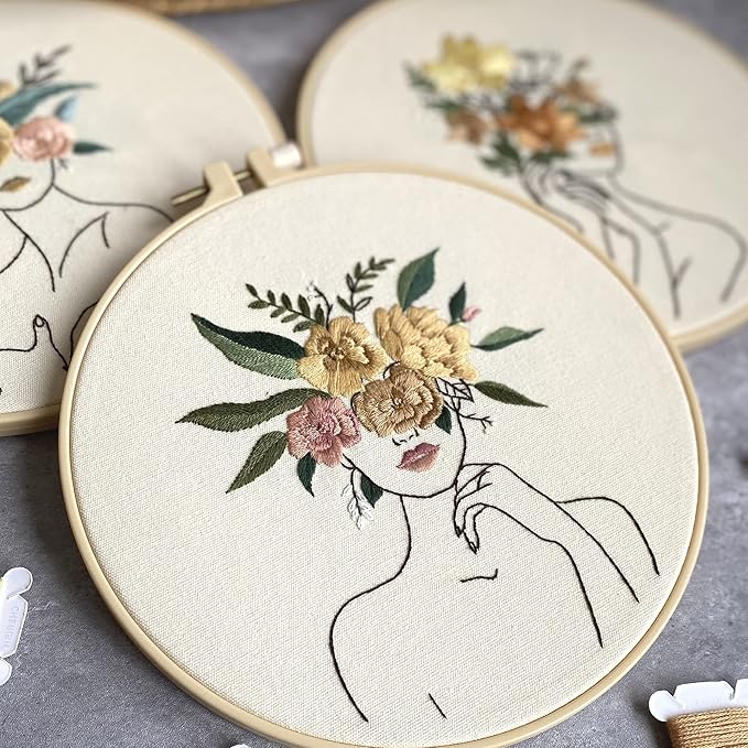 harimau 3 in beginner embroidery kit,floral plant pattern,cross stitch kits, including stamped embroidery cloth with 3 embroidery hoops, color threads and embroidery kits