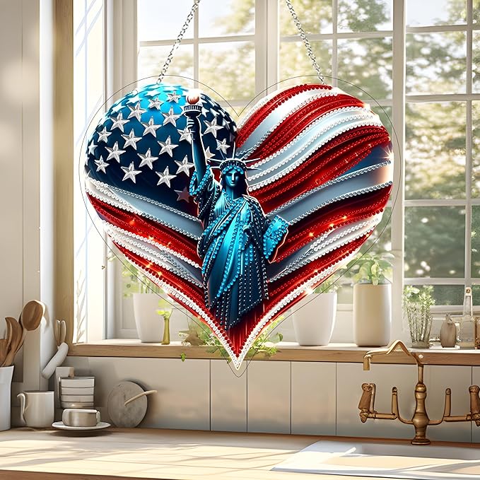 5D Diamond Art Hanging Kit for Adult,Special Shaped Rhinestone,Double Sided DIY Acrylic Diamond Art Painting Window Pendants Home Garden Wall Hanging Kits Hanging Ornament (4Th of July)