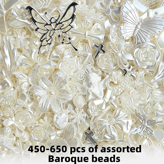 Baroque Pearl Beads for Junk Case Charms Kit,Assorted Unique Aesthetic Y2K Beads with Holes, Vintage Relief Flower Bow Angel Charms for DIY Phone Charms, Bracelet Jewelry Making Decor Supplies, White