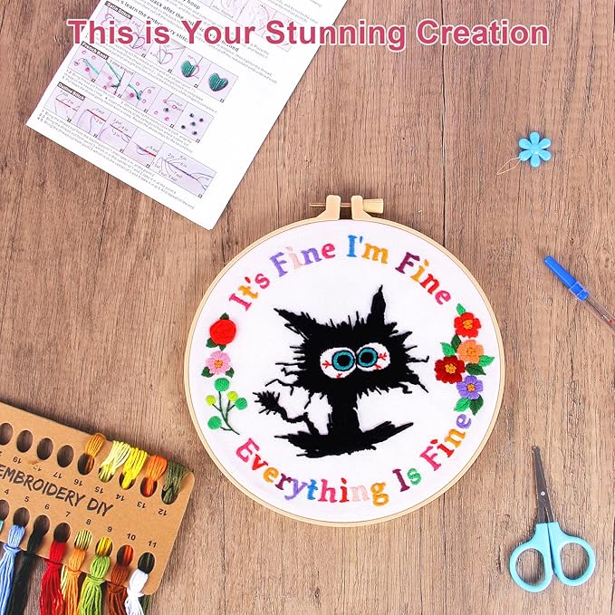 haootadiy beginner embroidery kit for adults, easy cross stitch kit for beginners and adults, full embroidery hoop kit with needles and thread included (pattern 1)