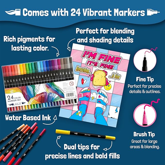 RYVE Adult Coloring Book Set for Adults Relaxation - Sassy & Funny Self Care Gifts for Women, Motivational Swear Word Coloring Book, Cancer Care Gifts Chemo Care Package for Women, 24 Markers Included