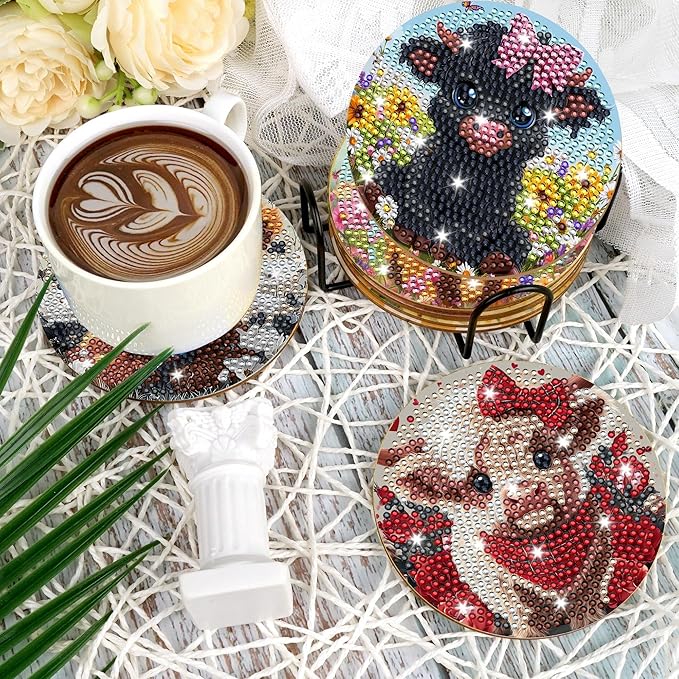 Cow Diamond Art Coasters Kits, 8 Pcs Highland Cow Diamond Painting Coaster with Cork Pads and Holder, Cute Animal Gem Art Kits for Adults Beginners DIY Crafts Home Decor