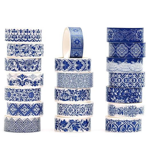 Blue & White Porcelain Washi Tape Set, Traditional Chinese Ceramic Pattern Decorative Masking Tapes, Oriental Art for Craft, Scrapbook, DIY, Gift Wrapping (1-Porcelain Grace/20 Rolls)