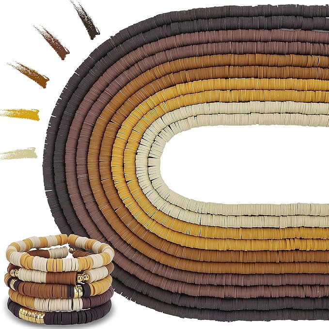 3600 PCS 10 Strands Polymer Clay Beads for Jewelry Making, Vinyl Heishi Beads 6mm for Surfer Bracelets Necklace Making (Brown)