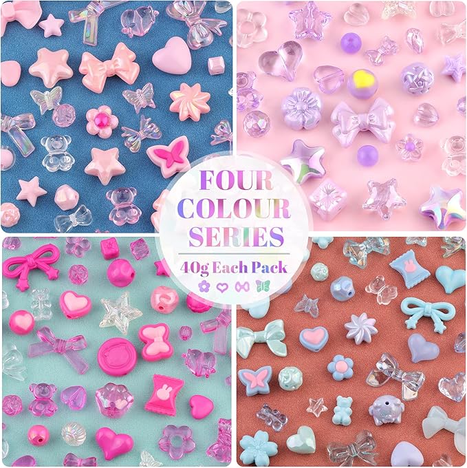 210-270PCS TINKRSTUFF Assorted Acrylic Beads,4 Mixed Colors Cute Beads for Bracelet Making, Bow Flower GummyBear Kawaii Charms, Aesthetic Bead for Necklace Keychain Jewelry Making DIY Phone Charm