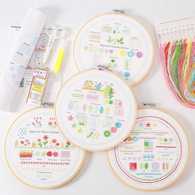 VIVIDOX 4 Sets Embroidery Kit for Beginners Adults, 35 Stitches Practice Kits Cross Stitch for Starter, DIY Hand Craft with Stamped Pattern, Bamboo Hoop, Threads, Needles, Scissors, Tools, Instruction
