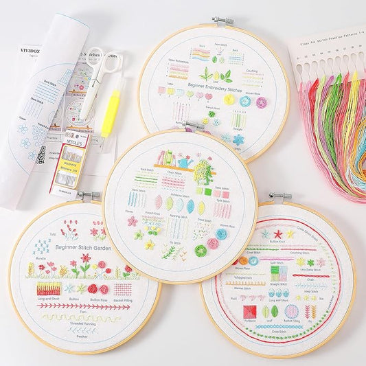 VIVIDOX 4 Sets Embroidery Kit for Beginners Adults, 35 Stitches Practice Kits Cross Stitch for Starter, DIY Hand Craft with Stamped Pattern, Bamboo Hoop, Threads, Needles, Scissors, Tools, Instruction