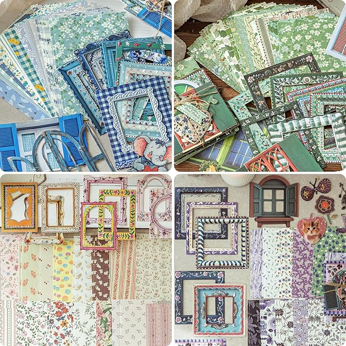 180 Pcs Floral Scrapbooking Paper & Animal Stickers, Embossed Scrapbook Window Frames, 4 Packs Junk Journal Scrapbooking Supplies Kit for Journaling, Embellishments, Card