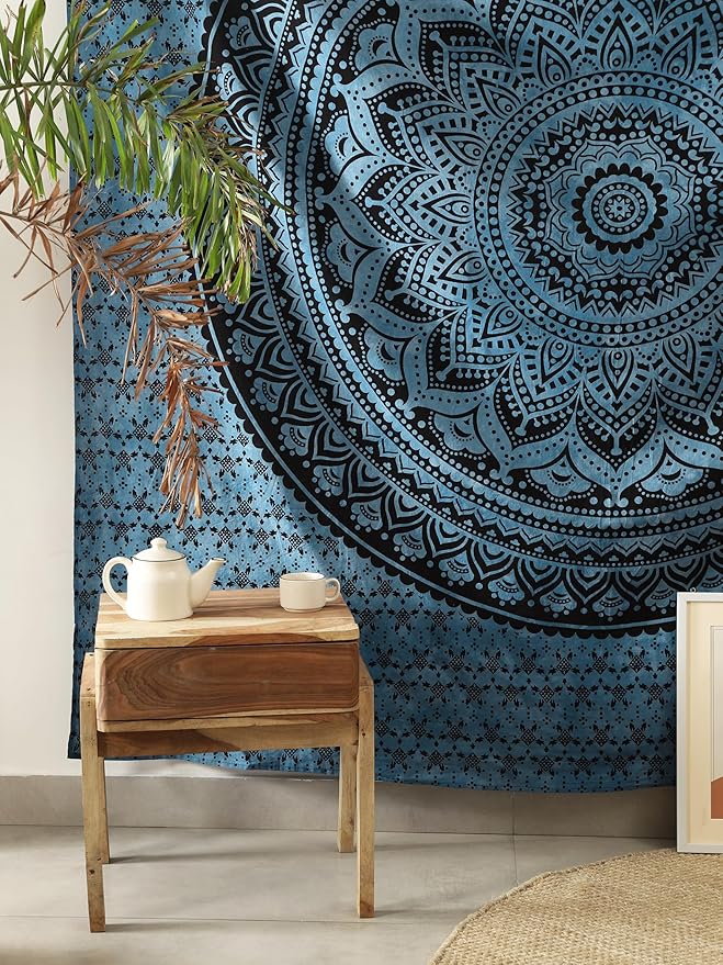 popular handicrafts queen mandala hippie tie dye psychedelic ombre tapestry wall hanging - indian maditation gypsy bohemian hippy dorm room decor blue 81x88 inch